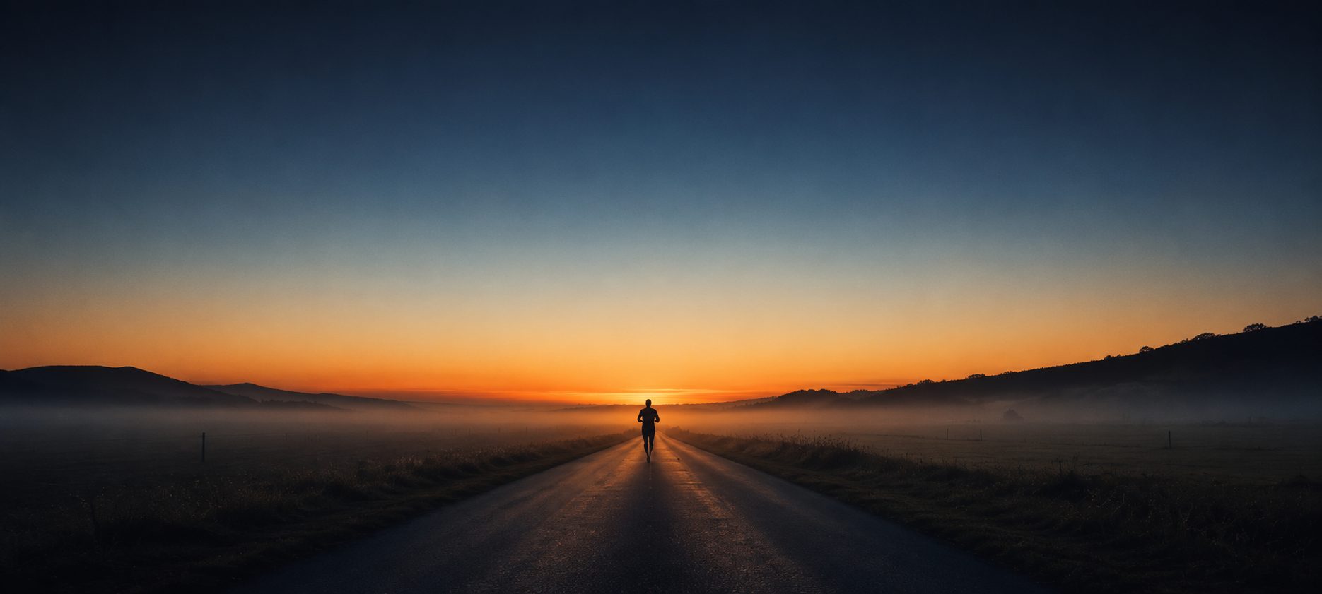 A solitary runner on an empty road at first light, heading toward the horizon