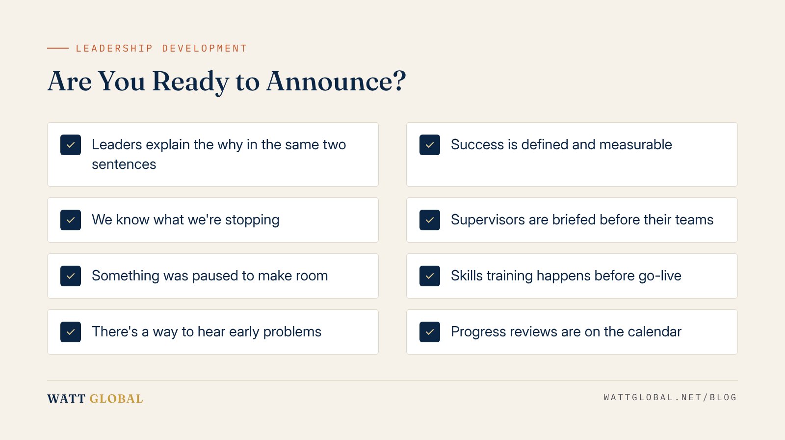Change readiness checklist covering clarity, alignment, capacity, capability and feedback