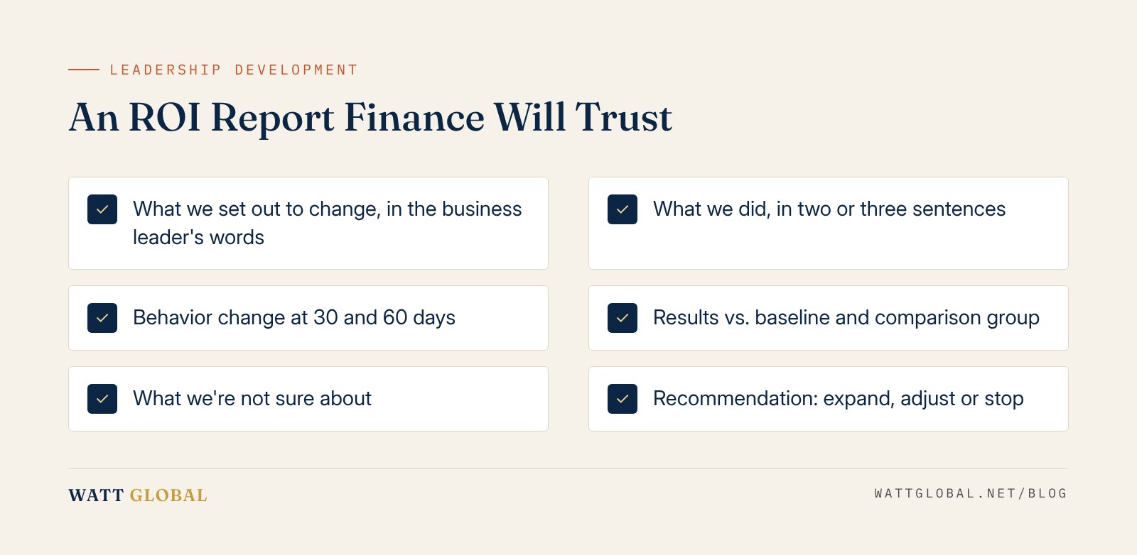 Checklist for a leadership development ROI report finance will trust