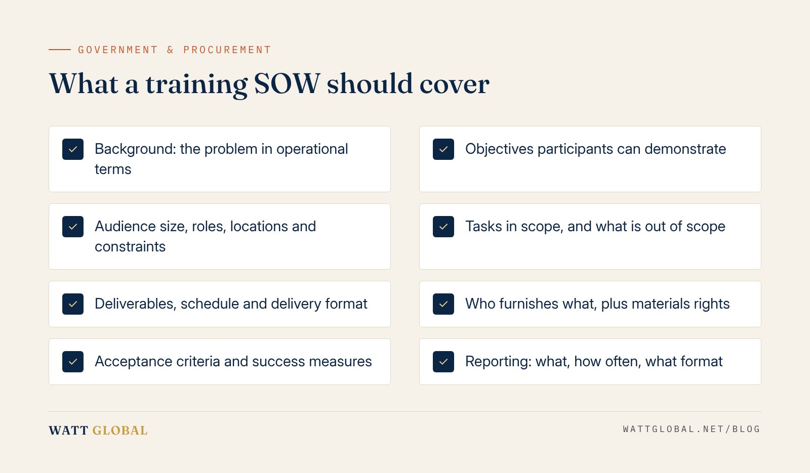 Checklist of the sections a training statement of work should include