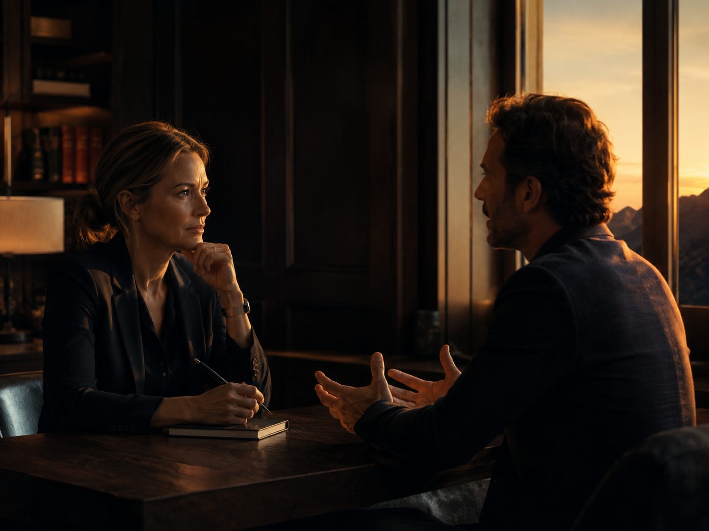 An intense one-to-one coaching conversation at a small table in golden-hour light