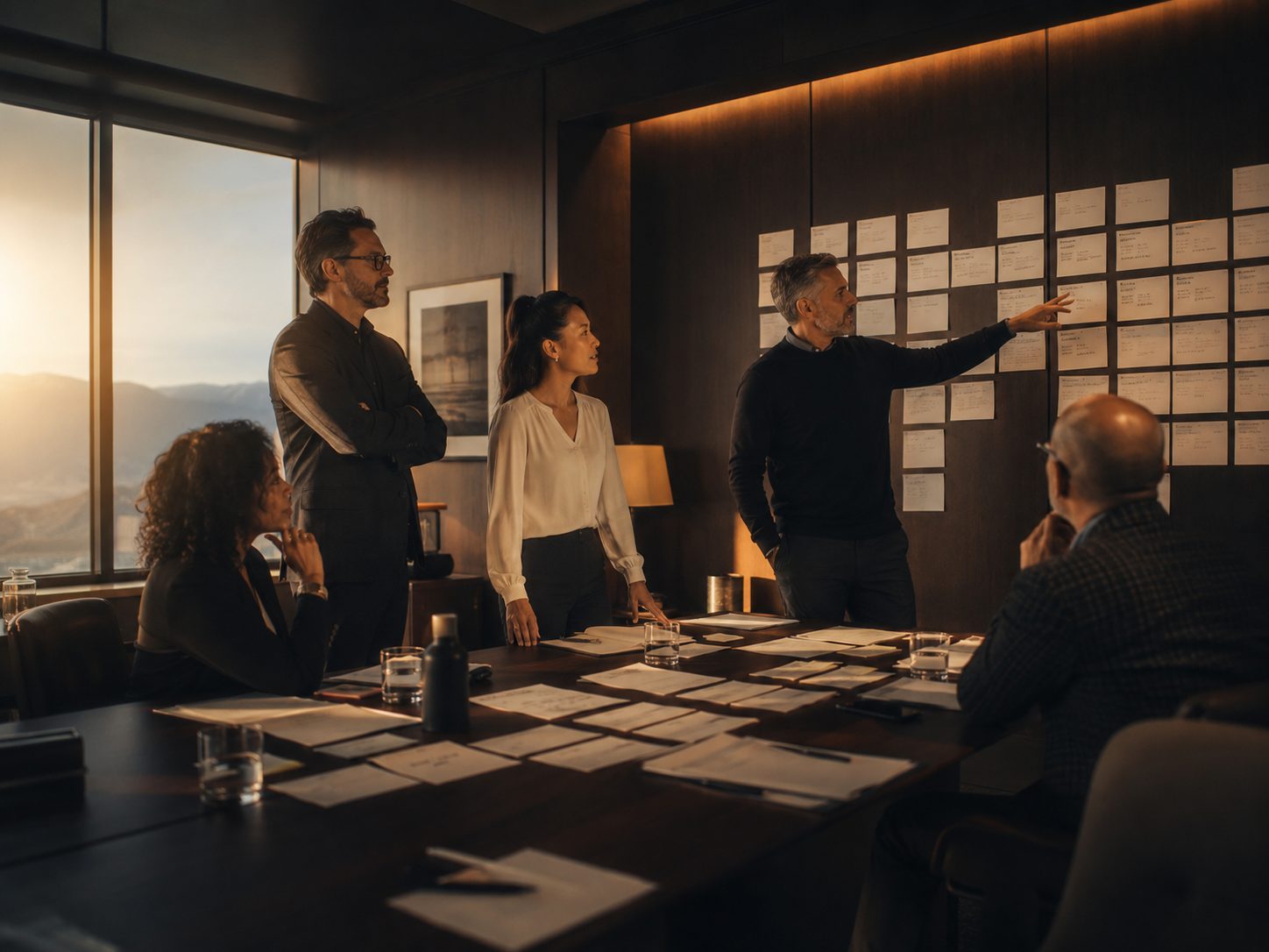 A leadership team in a working session around a wall of planning cards