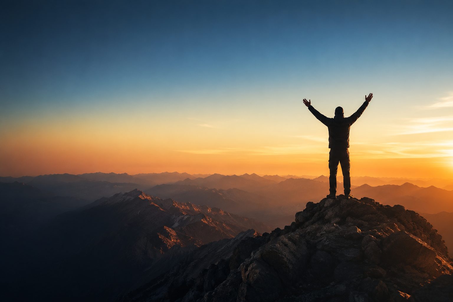 A leader standing on a mountain summit at dawn, arms raised against an amber sky